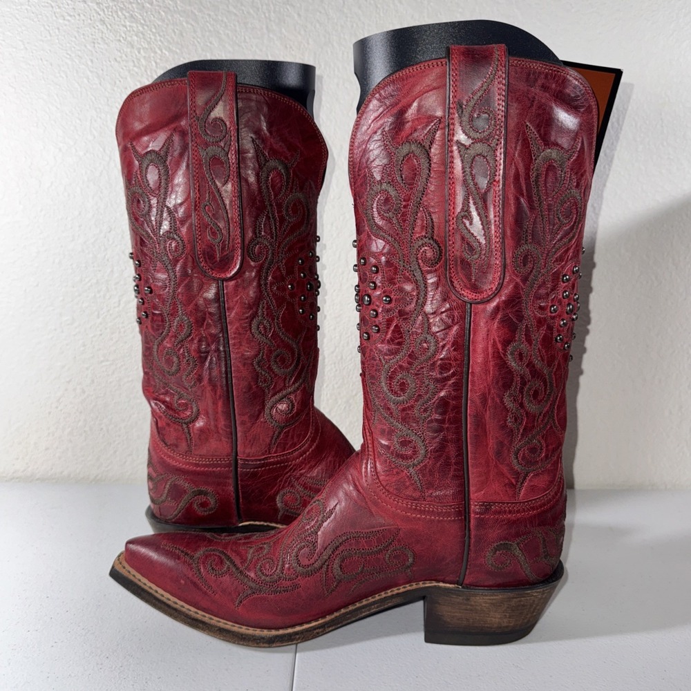 Lucchese Womens Red Burnished Mad Dog Goat Leather Cowboy Boots 8 Studded 🤠 - Picture 3 of 16